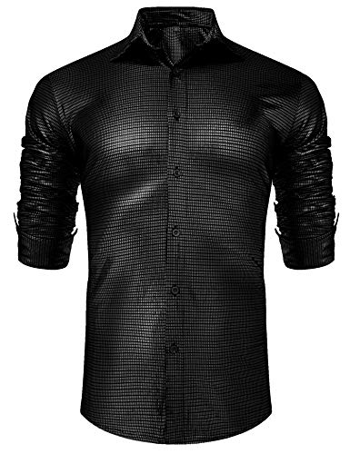 Product Cover URRU Men's Metallic Shiny Nightclub Elastic Slim Fit Long Sleeve Button Down Sequins Shirt for 70s Disco Party S-XXL