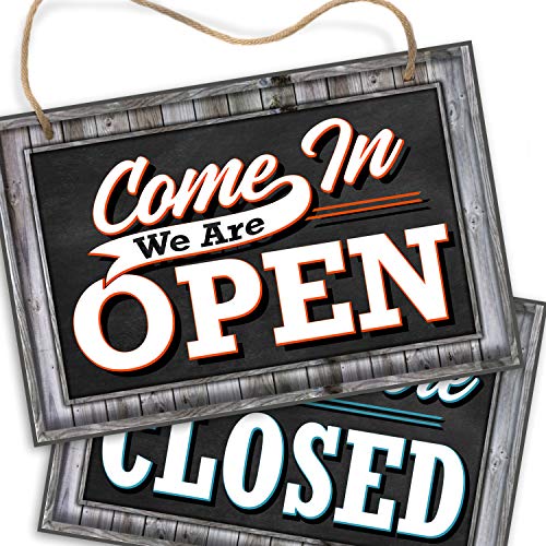 Product Cover Bigtime Signs Open Closed Sign for Business Door - Reversible Double Sided with Rope for Hanging - Come In We're Open Sorry We're Closed Signs Decor - 1/4 inch Thick PVC - 8 inch x 12 inch - Rustic Wood Frame Look Printed Design