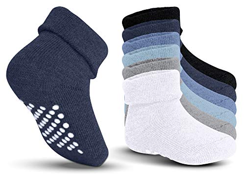 Product Cover Kids Grip Socks - Non Skid & Non Slip Crew Socks with Grip Soles & Foldable Cuff Top for Baby, Toddler, Boys, Girls - Comfy, Cozy, Soft, Warm Cotton Socks for Hospitals, Winter & More (6 Pairs)