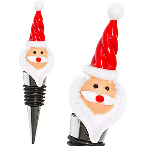 Product Cover Glass Santa Claus Christmas Wine Bottle Stopper - Decorative, Unique, Handmade, Eye-Catching Glass Wine Stoppers - Christmas Wine Stopper, Wine Accessories Gift for Host/Hostess - Wine Corker / Sealer