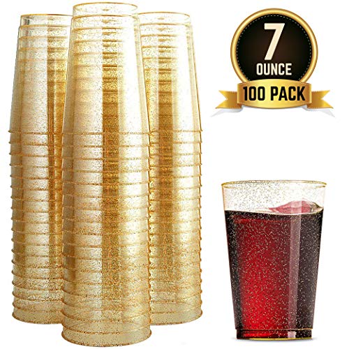 Product Cover 100 Glitter Plastic Cups 7 Oz Clear Plastic Cups Tumblers Gold Glitter Cups Disposable Wedding Cups Party Cups