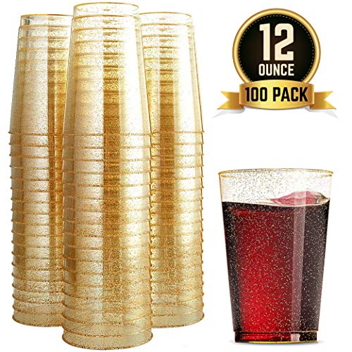 Product Cover 100 Glitter Plastic Cups 12 Oz Clear Plastic Cups Tumblers Gold Glitter Cups Disposable Wedding Cups Elegant Party Cups Recyclable and BPA-Free