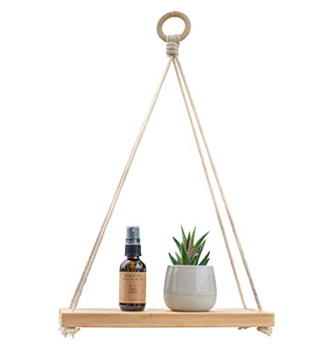 Product Cover Kuratere Bamboo Hanging Wall Shelf - Indoor BoHo Plant Shelf - Macrame Rope 12 Inch Eco Friendly Wooden Floating Shelves for Organized Bedrooms, Living Rooms, Closets or Bathrooms