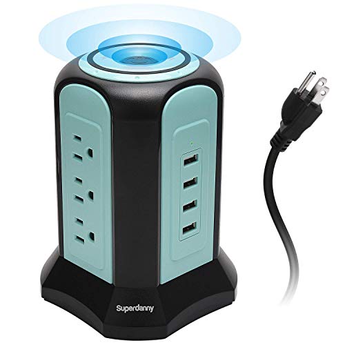 Product Cover SUPERDANNY 10ft Power Strip Tower Wireless Charger Surge Protector Extension Cord 10A 9-Outlet 4 USB 4.5A Fast Speed Charging Electrical Station Universal Socket for Laptop Phone Black and Blue