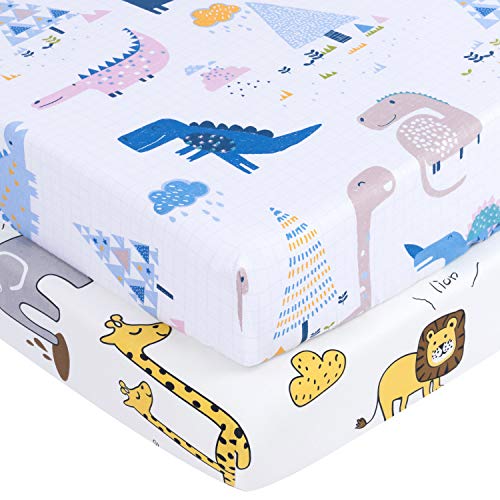 Product Cover TILLYOU Ultra Soft Dinosaur Crib Sheets Set, Luxury Egyptian Cotton Printed Toddler Sheets for Baby Boys Girls, Breathable Cozy, 28