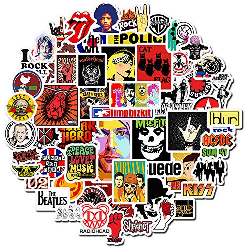 Product Cover Band Stickers[50pcs] Rock Roll Punk Hip Hop Music Nirvana Beatles Rolling Stones Queen Guns and Roses Eagles Decals for Electronic Organ Guitar Drum Water Bottle Computer Car Helmet Bike Bumper