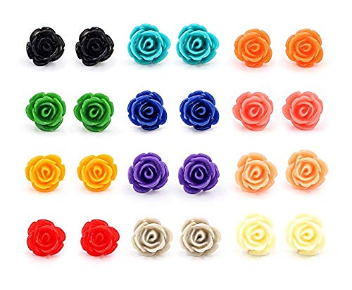 Product Cover Mydio 12 Pairs Assorted Color Rose Flower Multi Stud Earring Stainless Steel Post Hypoallergenic for Girls Women