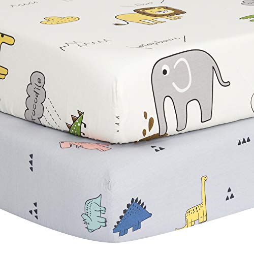 Product Cover TILLYOU Ultra Soft Dinosaur Crib Sheets Set, Luxury Egyptian Cotton Printed Toddler Sheets for Baby Boys Girls, Breathable Comfy, 28