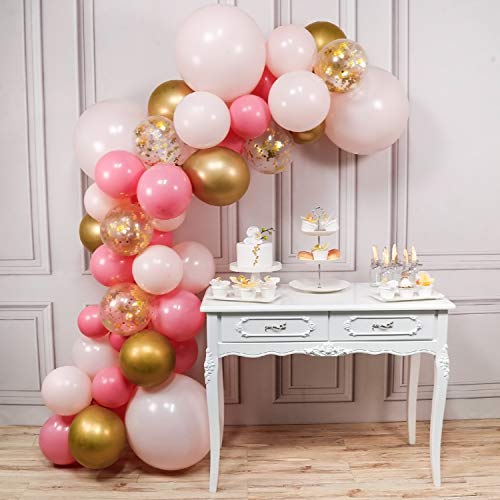 Product Cover PartyWoo Pink and Gold Balloons, 44 pcs Light Pink Balloons, Gold Metallic Balloons, Fuchsia Balloons and Gold Confetti Balloons for Pink and Gold Baby Shower, 4 pcs 18 In Jumbo Pink Balloons Included