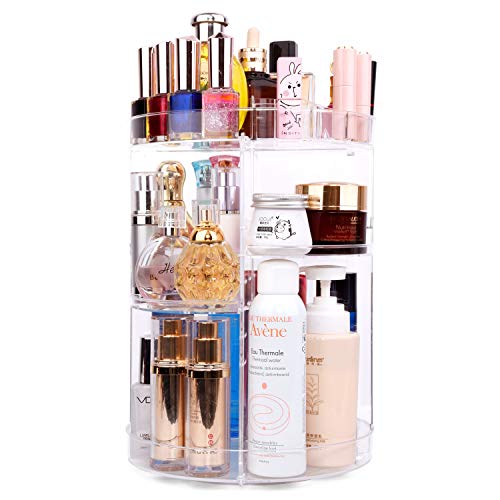 Product Cover 360 Degree Spinning Makeup Organizer, sanipoe Adjustable Makeup Carousel Round Rotating Storage Stand Rack, Large Capacity Ondisplay Shelf Cosmetics Organizer, Great for Countertop and Bathroom, Clear