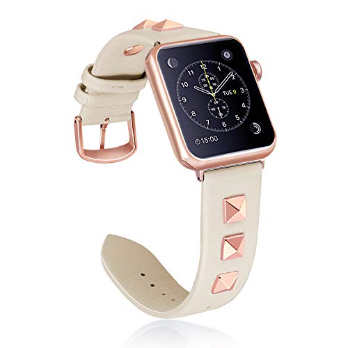 Product Cover WHLIHUSU Leather Studded Band Compatible with Apple Watch Band 42mm 44mm M/L, Genuine Leather Bling Dressy Designer Replacement Bands Compatible with Watch Band Series 5 4 3 2 1, Beige