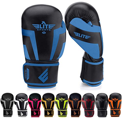 Product Cover Elite Sports Boxing Gloves for Men, Women, and Kids, Kickboxing Punching Bag Pair of 2 Gloves (Blue 16 Oz)