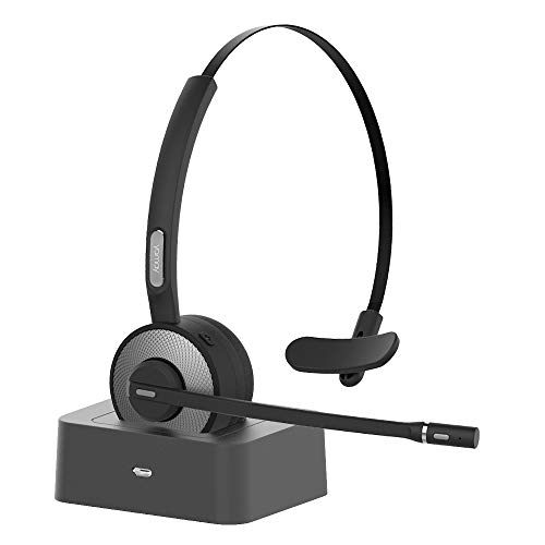 Product Cover Bluetooth Headset, YAMAY Wireless Headset with Microphone (Noise Cancelling Mic) Charging Base Mute Button 19H Clear Talk Time Pro for Truck Driver Office Buiseness Call Center Home Smartphones PC