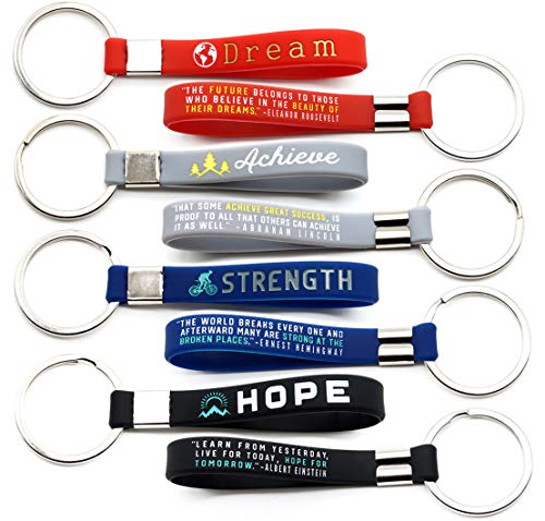 Product Cover (12-Pack) Inspirational Quote Keychains - Dream, Achieve, Strength, Hope - Wholesale Bulk Pack of 1 Dozen Silicone Rubber Key Rings with Motivational Quotes - Party Favors Gifts for Adults Men Women