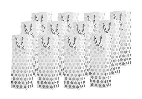 Product Cover UNIQOOO 12Pcs Premium Metallic Sliver Foil Wine Gift Bag Bulk,Polka Dots,Large 14x4.75x3.5 Inch,Personalized Gift Tag,100%Recyclable Paper Bottle Carrier Tote Bags,For Christmas Wedding Birthday Party
