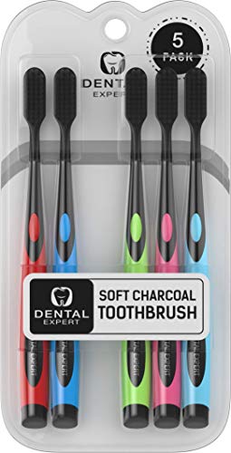 Product Cover 5 Pack Colorful Charcoal Toothbrush [GENTLE SOFT] Slim Teeth Head Whitening Brush for Adults & Children [FAMILY PACK] - Ultra Soft Medium Tip Bristles