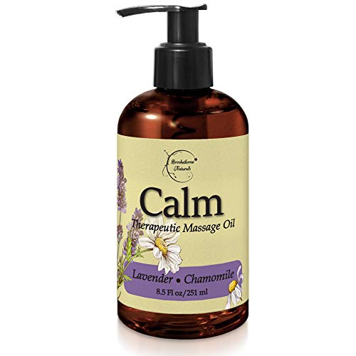 Product Cover Calm Massage Oil with Lavender & Chamomile Essential Oils to Relax Sore Muscles - For Massage Therapy & Home use - with Coconut, Grapeseed & Jojoba Oils for Smooth Skin- Brookethorne Naturals - 8.5oz