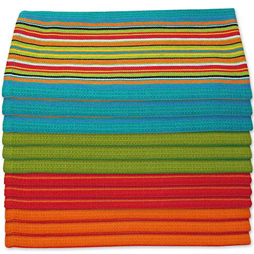 Product Cover Kitchen Dish Towels Salsa Stripe - 100% Natural Absorbent Cotton (Size 28 x 16 inches) Festive Red, Orange, Green and Blue, 12-Pack
