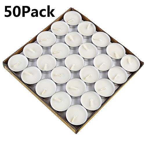 Product Cover YEDAN Tea Lights Candles, 50 Pack Colorful Tealights Paraffin Pressed Wax About 2 Hours Burn Time for Travel, Centerpiece, Decorative, Gifts, Happy Birthday, New Year (White)
