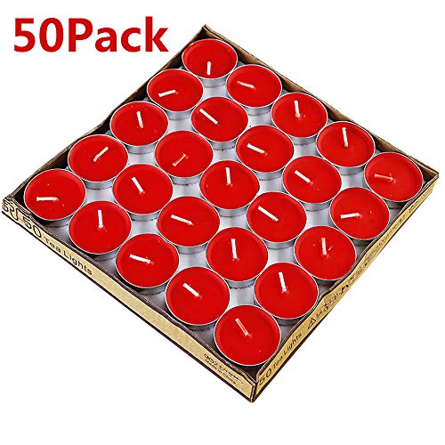 Product Cover YEDAN Tea Lights Candles, 50 Pack Colorful Tealights Paraffin Pressed Wax About 2 Hours Burn Time for Travel, Centerpiece, Decorative, Gifts, Happy Birthday, New Year (Red)