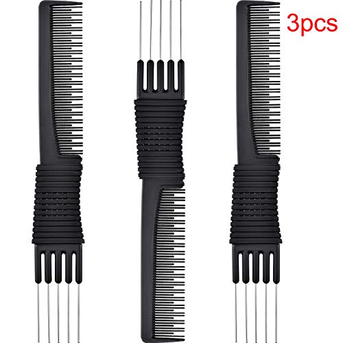 Product Cover 3 Pack Black Carbon Lift Teasing Combs with Metal Prong, Salon Teasing Back Combs, Black Carbon Comb with Stainless Steel Lift (Style A)