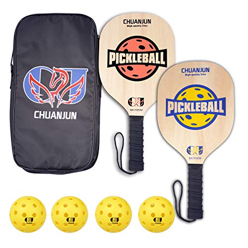 Product Cover Chuanjun Pickleball Paddle Set Includes 2 Wood Paddles 4 Pickle Balls, 1 Carry Bag or Single Paddle Comfort Lightweight Rackets Grip for Beginners All Ages,USAPA Approved (Wood)