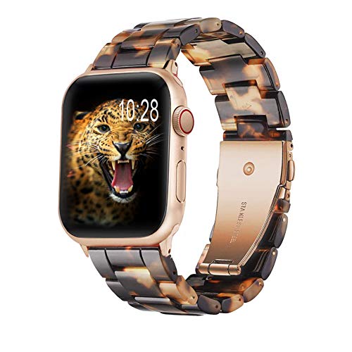 Product Cover Wongeto Compatible Apple Watch Band Women Men- Fashion Resin iWatch Band Bracelet with Copper Stainless Steel Buckle for Apple Watch Series 5/4/3/2/1 (Rose Gold+Tortoise, 38mm/40mm)