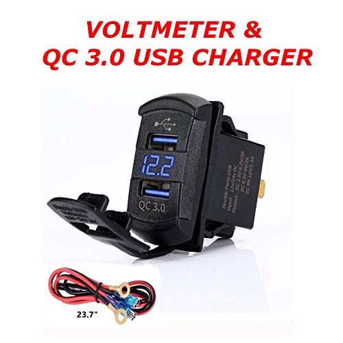 Product Cover Quick Charge 3.0 Dual USB Rocker Switch Style Charger Blue Voltmeter for Boats, Polaris, RZR 1000, Ranger, Mobile Home, RV, Can Am Spyders, Can Am Maverick, Can AM SxS, Golf Cart (QC 3.0 Rocker Blue)