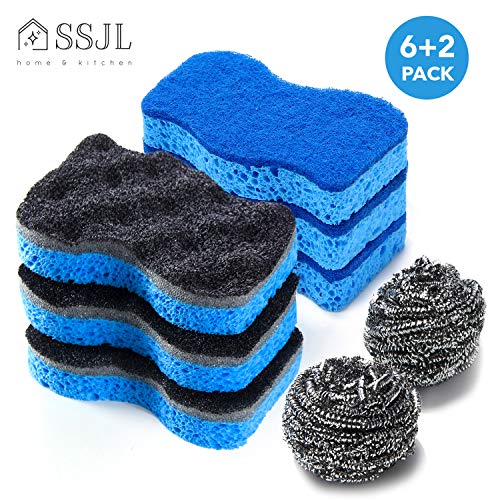 Product Cover SSJL Multi-Use & Non-Scratch Kitchen Sponges with 2 Stainless Steel Wool - Natural Sponges Kitchen Dish Sponge Dual-Sided Cellulose Scrubber - Effortless Cleaning Eco Scrub Pads for Dishes (6 Pack)