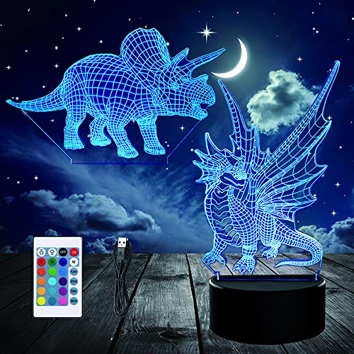 Product Cover 3D Night Light, Optical Illusion Dinosaur Night Lamp 16 Colors Changing with Remote Control, LED Visual Nightlight for Kids Birthday Gifts (2Pcs Acrylic Panels)