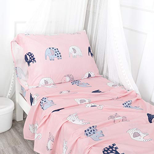 Product Cover Designthology 100% Cotton Muslin 3-Piece Fitted Sheet and Pillowcase Toddler Sheet Set, Pink Elephant Cute Prints - Soft Breathable Toddler Bedding Set, Tailored for Boys and Girls