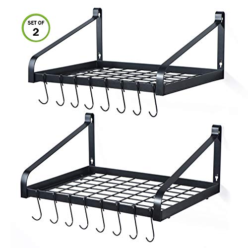 Product Cover Love-KANKEI Pot Rack Wall Mounted Set of 2 Pan Pot Organizer Wall Shelves with 16 Hooks for Kitchen Cookware Utensils Organization
