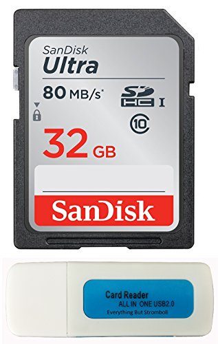 Product Cover SanDisk 32GB SDHC SD Ultra Memory Card 80mb Bundle Works with Kodak PIXPRO Astro Zoom AZ252, AZ251, AZ401 Camera UHS-I (SDSDUNC-032G-GN6IN) Plus (1) Everything But Stromboli (TM) Combo Card Reader