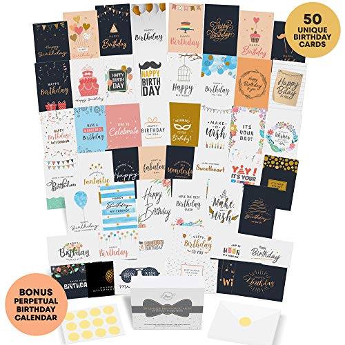 Product Cover Dessie 50 Unique Birthday Cards Assortment with Generic Birthday Greetings Inside. Suitable For Men, Women and Kids At Home Or At Work. Send As Is Or Personalize. Includes Envelopes and Gold Stickers