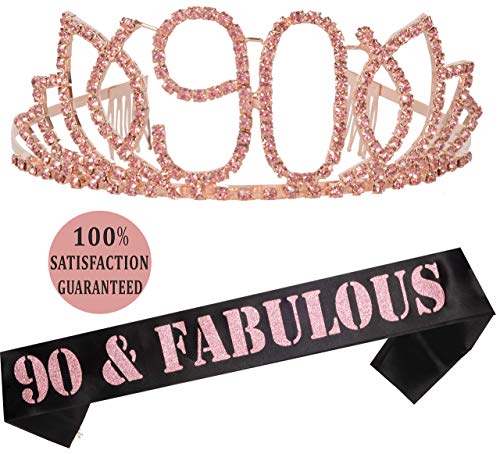 Product Cover 90th Birthday Tiara and Sash Pink | HAPPY 90th Birthday Party Supplies | 90 and Fabulous Pink Black Glitter Satin Sash and Crystal Tiara Birthday Crown for 90th Birthday Party Supplies and Decorations