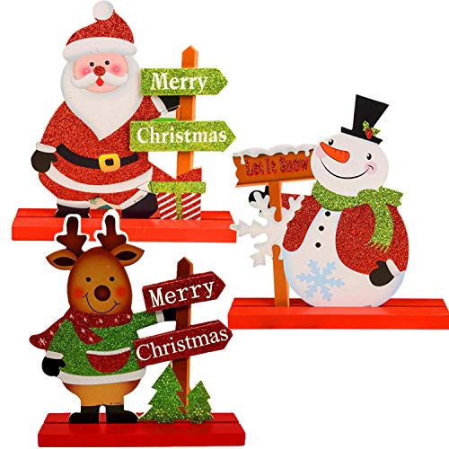 Product Cover 3 Christmas Table Decorations Gift Boutique for Office Desk Shelf Kitchen Dinner Party Coffee Table Snowman Santa Reindeer Merry Christmas Happy Holidays Centerpiece (3Pack)