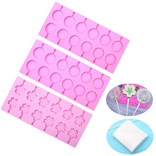 Product Cover BAKER DEPOT Round Silicone Lollipop Molds 2 pcs Cherry Blossoms Chocolate Hard Candy Mold with 100pcs Paper Sticks, Set of 3