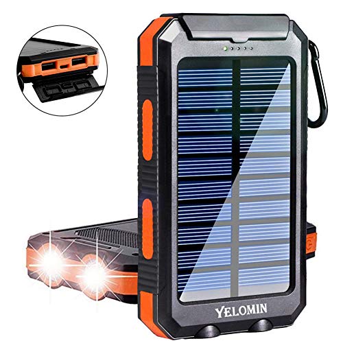 Product Cover Solar Charger,Yelomin 20000mAh Portable Outdoor Waterproof Mobile Power Bank,Camping External Backup Battery Pack Dual USB 5V 1A/2A Output 2 Led Light Flashlight with Compass for Tablet iPhone Android