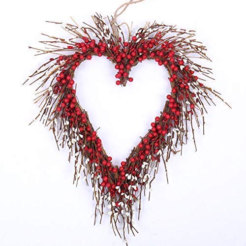 Product Cover idyllic Heart Wreath Handmade Red Berry Heart Shaped Wreath Rustic Twig for Door Decorative Classic Indoor Decor 18 Inches Valentine's Wreath