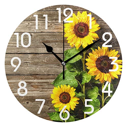 Product Cover Naanle Stylish 3D Beautiful Sunflowers Vintage Wood Print Round Wall Clock, 9.5 Inch Battery Operated Quartz Analog Quiet Desk Clock for Home,Office,School