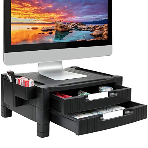 Product Cover Monitor Stand Riser with 2 Drawers - Adjustable Monitor for Computer, Laptop, Printer with Organizer Drawer, Office Supply Caddy & Cable Management Slot by HUANUO