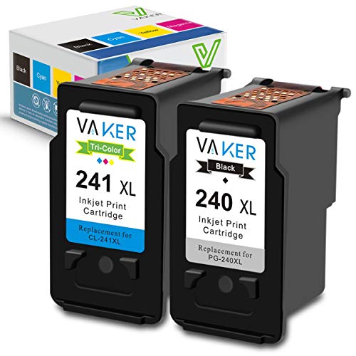 Product Cover VAKER Remanufactured Ink Cartridge Replacement for Canon PG-240XL 240 XL CL-241XL 241 XL Compatible with Canon PIXMA MG3620 MX472 MX452 MG2220 MG3220 MG3520 MG3522 MX392 MX432 (1 Black, 1 Tri-Color)