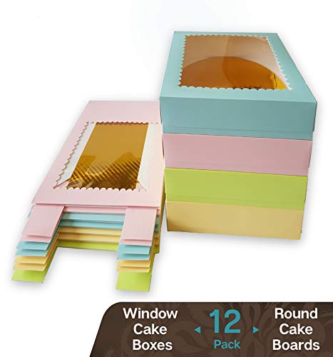 Product Cover CooKeezz Couture - Cake Box - Colored Window Bakery Packaging Decorated Boxes Great for Donuts , Bakery , Pies ,Cakes - Assorted 12 Pack Boxes in 4 Pastel Colors,Included 12 Round Cake Boards (10x10x2.5)