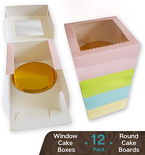 Product Cover CooKeezz Couture - Cake Box - Colored Window Bakery Packaging Decorated Boxes Great for Donuts , Bakery , Pies - Assorted 12 Pack Decorated Boxes in 4 Pastel Colors , Included 12 Round Cake Boards (12x12x5)