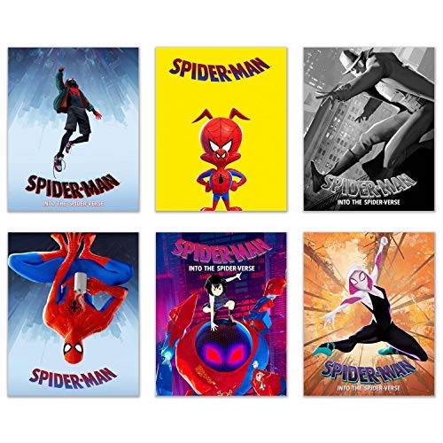 Product Cover Spiderman Into The Spiderverse Movie Poster Prints - Set of 6 (8x10) Comic Movie Multiverse Marvel Wall Art Decor - Miles Morales - Spider-Gwen - Peter Parker - Spider-Ham - SP//dr - Noir