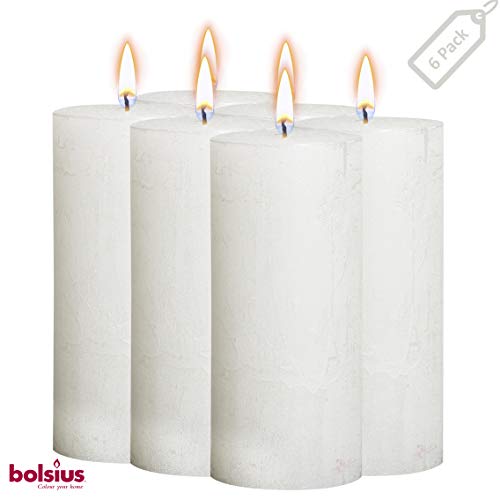 Product Cover BOLSIUS Rustic Full Metallic White Candles - Set of 6 Unscented Pillar Candles - White Candles with a Full Metallic Coat - Slow Burning - Perfect Décor Candle - 190/68m 7.5X 2.75 Inches