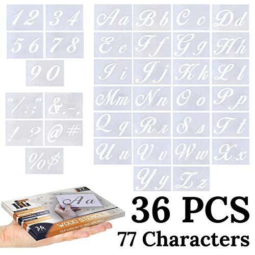 Product Cover Letter Stencils for Painting on Wood - Alphabet Stencils with Calligraphy Font Upper and Lowercase Letters - Reusable Plastic Art Craft Stencils with Numbers and Signs - Set of 36 PCs 8.27
