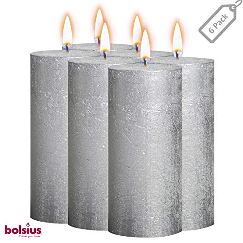 Product Cover BOLSIUS Rustic Full Metallic Silver Candles - Set of 6 Unscented Pillar Candles - Silver Candles with a Full Metallic Coat - Slow Burning - Perfect Décor Candle - 190/68m 7.5X 2.75 Inches