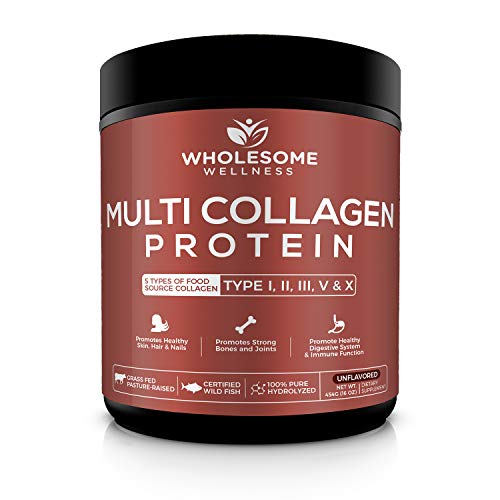 Product Cover Wholesome Wellness Multi Collagen Protein Powder Hydrolyzed (Type I II III V X) Grass-Fed All-in-One Super Bone Broth + Collagen Peptides - Premium Beef, Chicken, Wild Fish, Eggshell Collagen