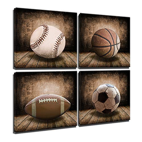 Product Cover Rustic Soccer Football Baseball Basketball on Vintage Wood Grain Floor Fine Art Prints Sports Decor Soccer Nursery for Kids Boy Room Decoration,Framed (Vintage, 12x12inchx4pcs (30x30cmx4pcs))
